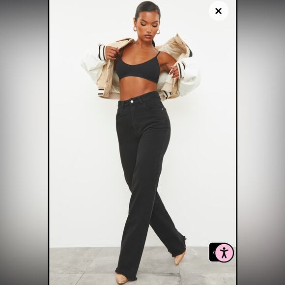 Pretty Little Thing | Black Jeans Frayed Hem Wide Leg Size US 2/ UK 6 - Picture 15 of 16